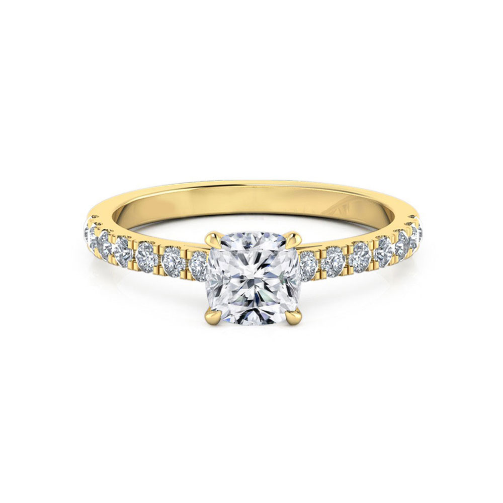 Gold band cushion cut on sale engagement ring