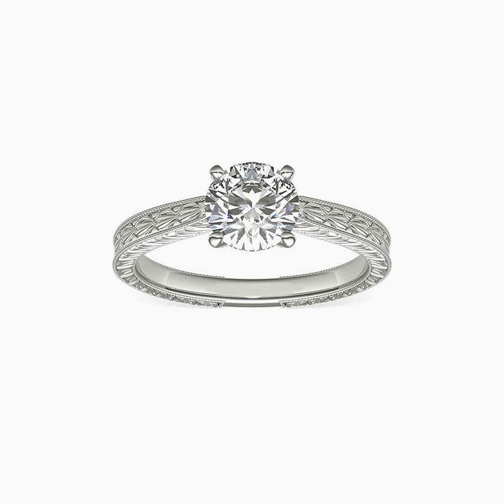 Hand Engraved Solitaire Engagement White Gold Ring