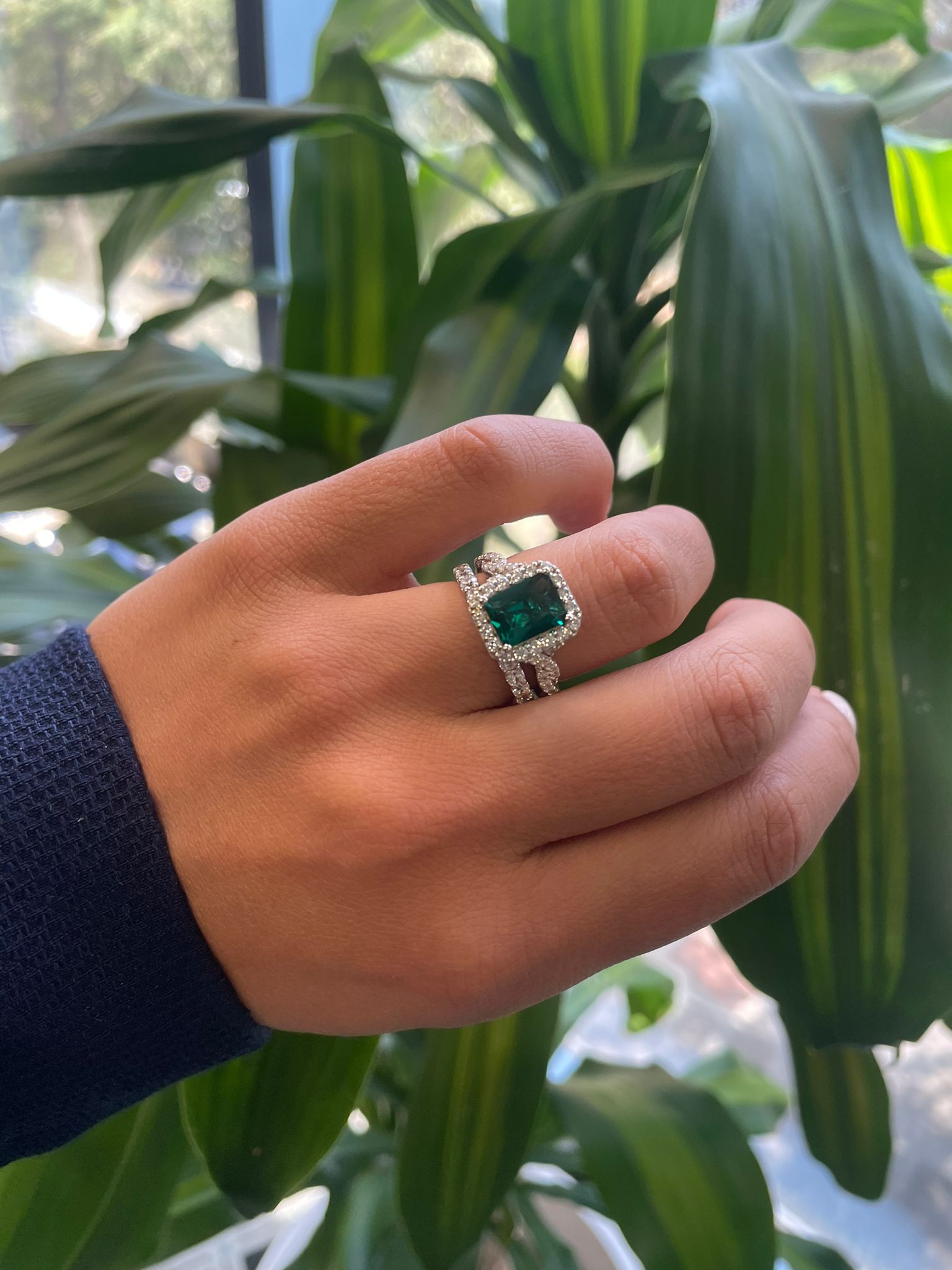 Green Emerald and Diamond Halo Ring