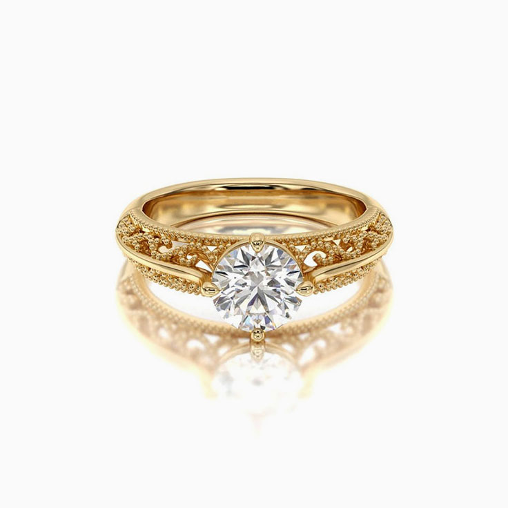 Lab Grown Beaded Pattern Round Diamond Engagement Ring