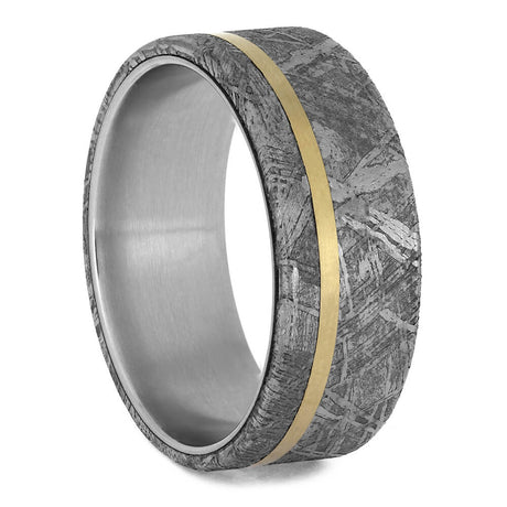 Mens titanium ring with meteorite and gold stripe