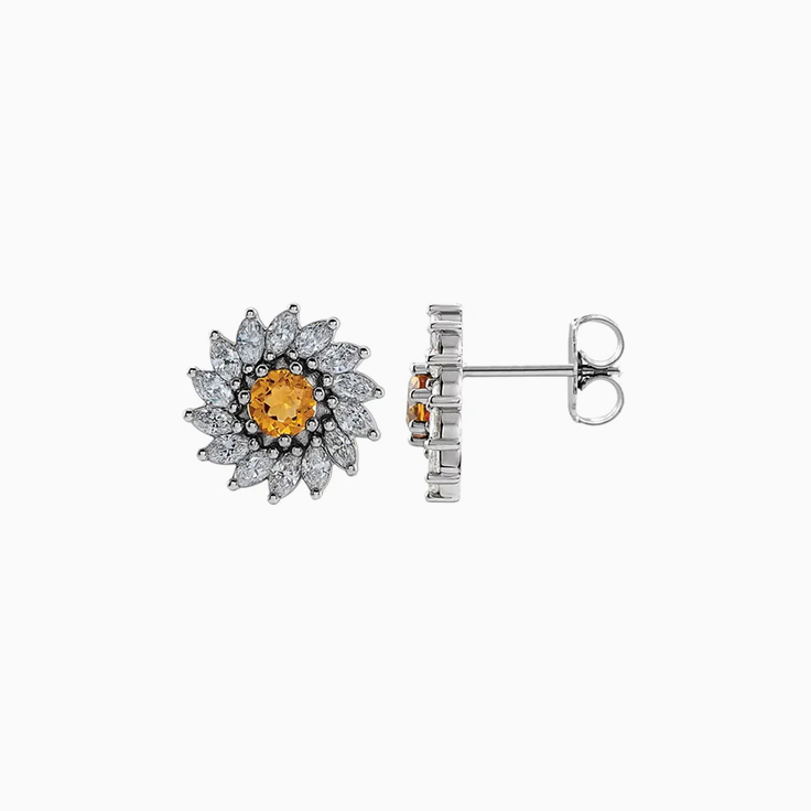 Floral Citrine And Diamond Studs