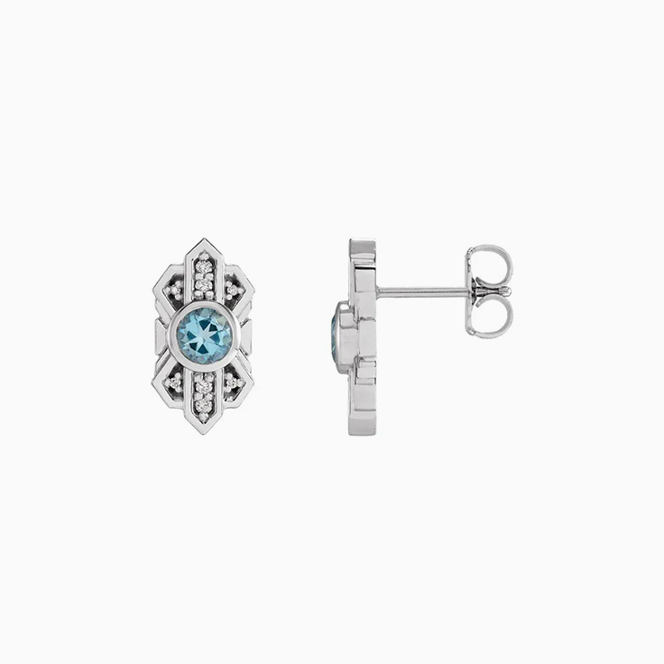 Classic Diamond And Aquamarine Studs