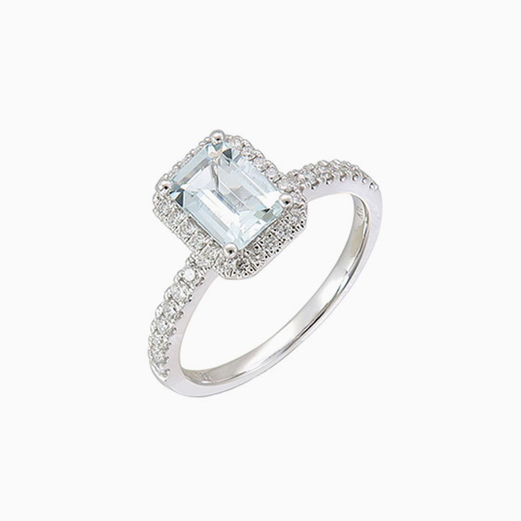 Aquamarine with Diamond halo ring