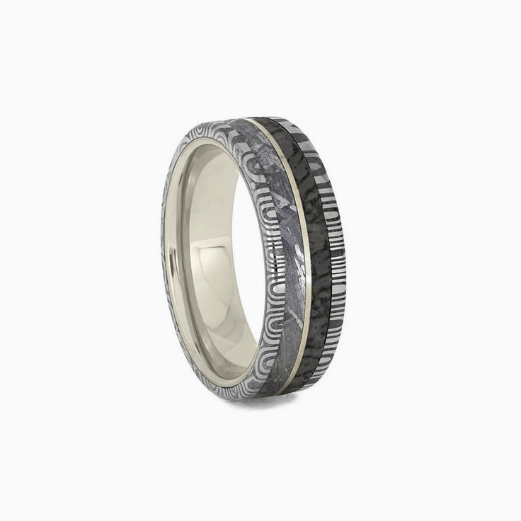 Mens White Gold Wedding Band With Damascus Meteorite and Dinosaur Bone