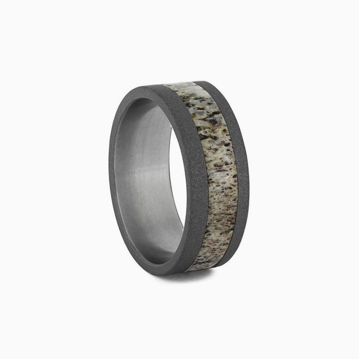 Mens Wedding Band With Antler Inlay and Sandblasted Titanium