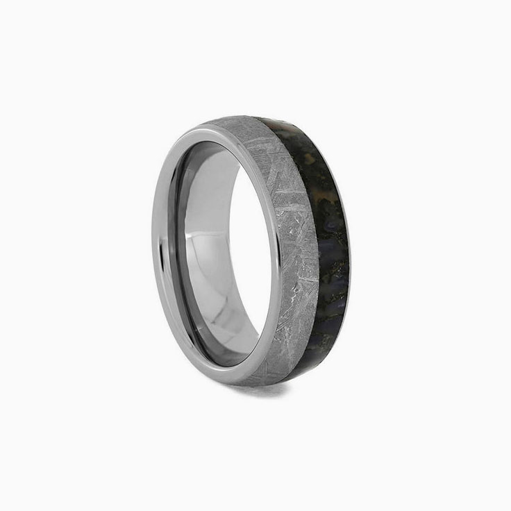 Tungsten Fossil Ring Gibeon Meteorite Wedding Band With Dinosaur Bone