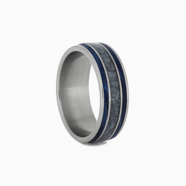 Blue Wood Mens Wedding Band With Crushed Dinosaur Bone