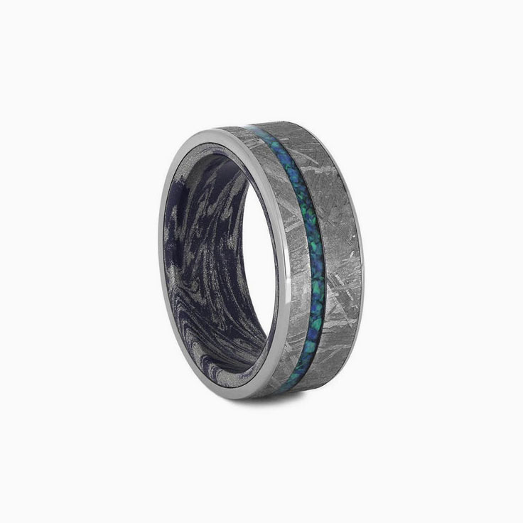 Crushed Opal Mens Wedding Band Meteorite Ring With Mokume Sleeve
