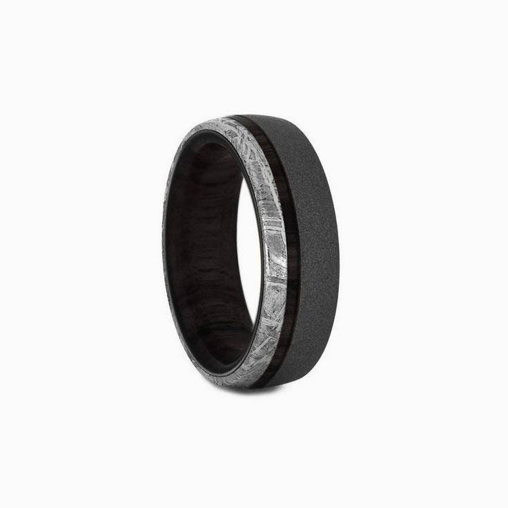 Ebony Wood Sandblasted And Meteorite Mens Wedding Ring