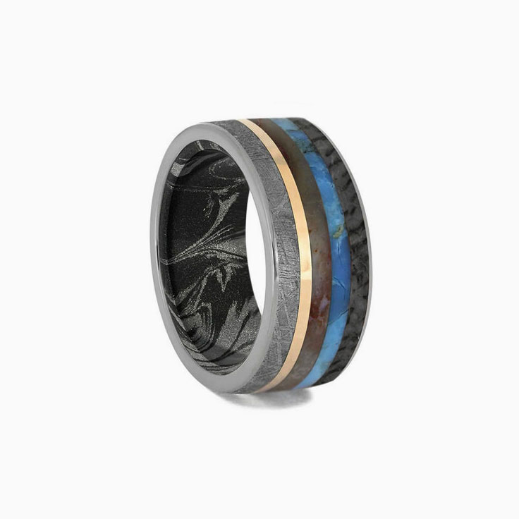 Unique Mens Ring with Meteorite Dinosaur Bone Turquoise Petrified Wood