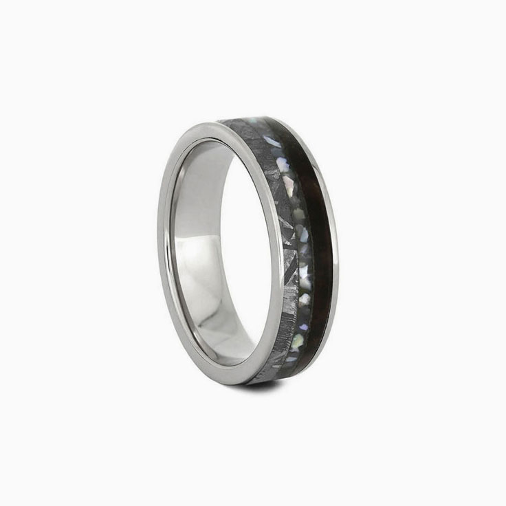 Pearl Mens Wedding Band With Dinosaur Bone Meteorite