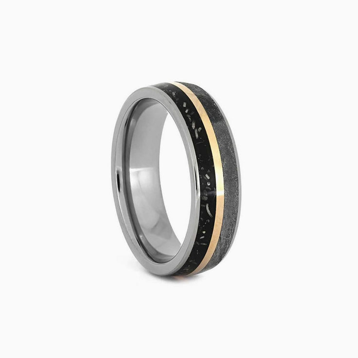 Black Stardust Wedding Ring with Gold and Meteorite