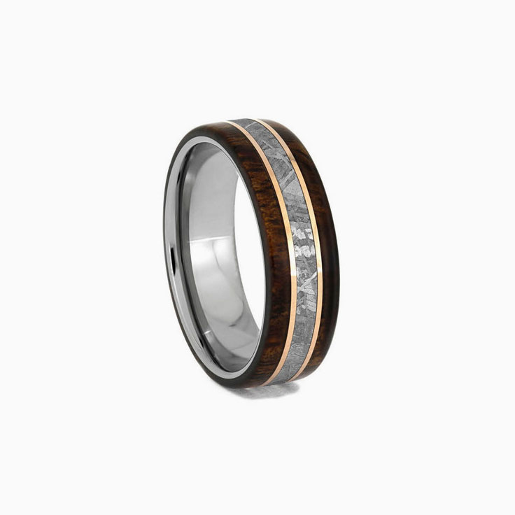 Meteorite Ring with Koa Wood and Gold Pinstripes