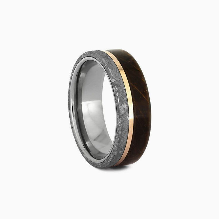 Meteorite Whiskey Barrel Wood Wedding Band with Gold Pinstripe