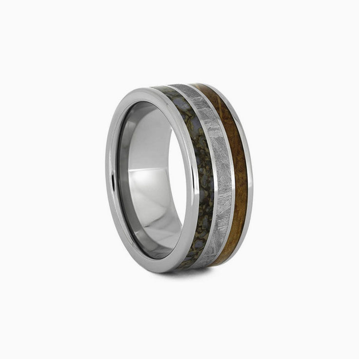 Mens Meteorite Dino Bone Whiskey Oak Wedding Ring
