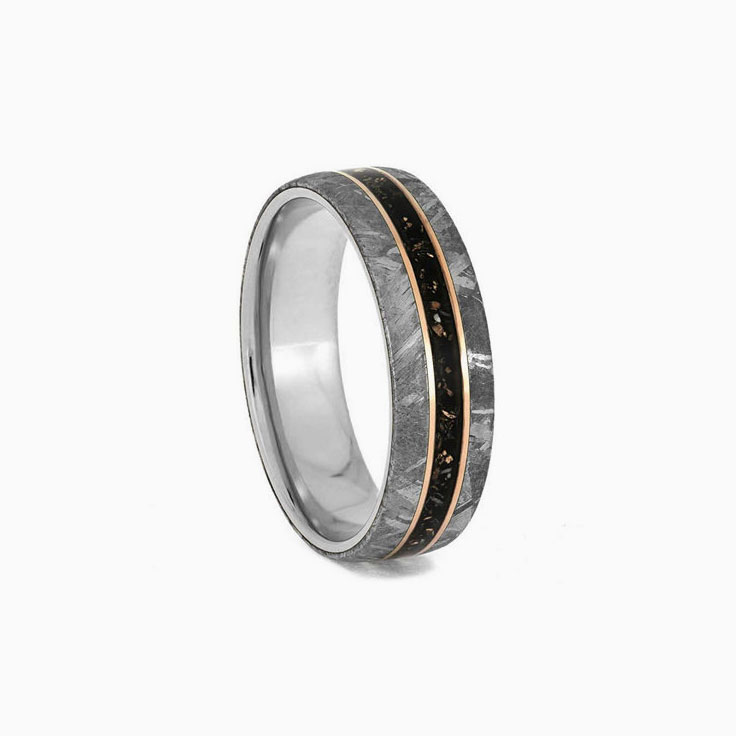 Titanium Ring With Meteorite Black Stardust and Gold Pinstripes