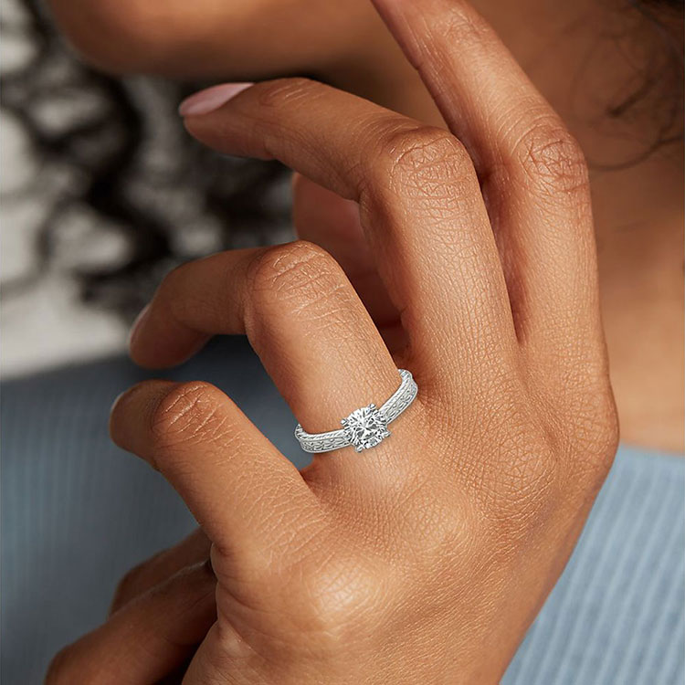 Princess Cut Solitaire Hand Carved Engagement Band