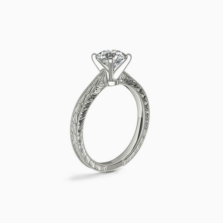 Hand Engraved Solitaire Engagement White Gold Ring