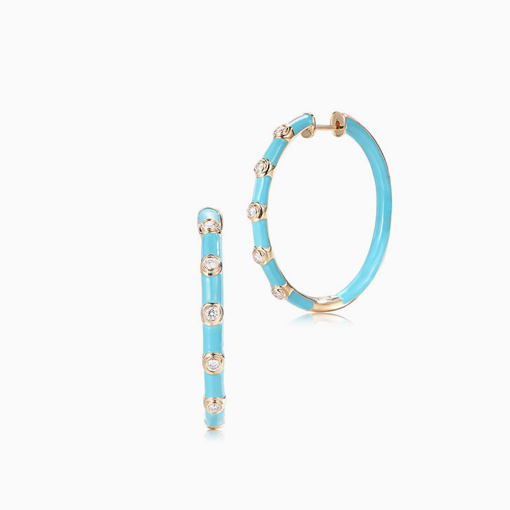 Blue Enamel Diamond Hoops
