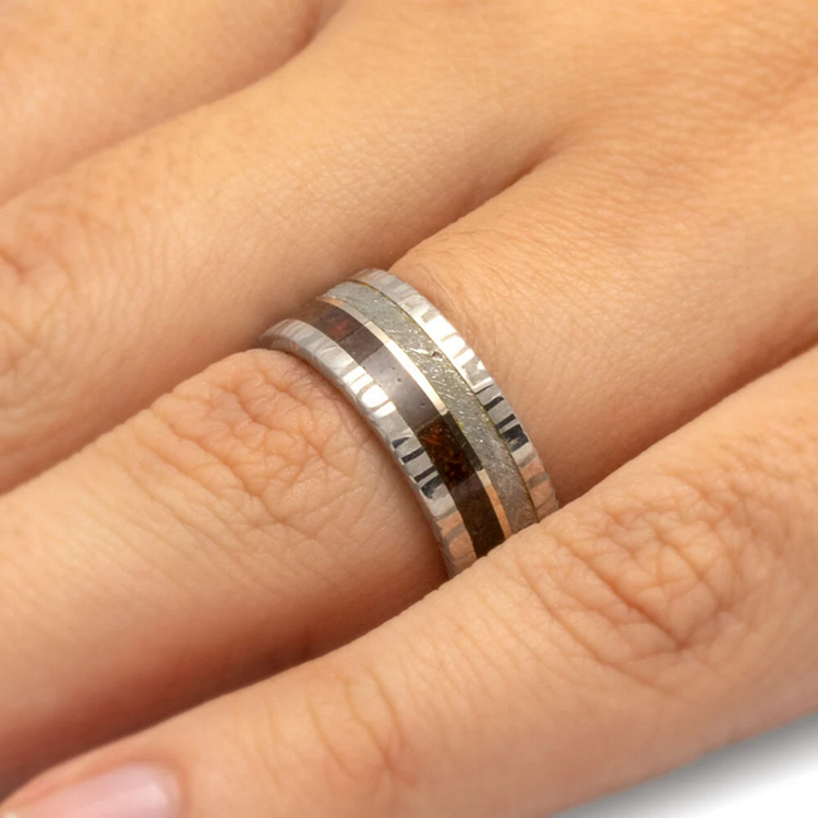 Mens White Gold Wedding Band With Damascus Meteorite and Dinosaur Bone