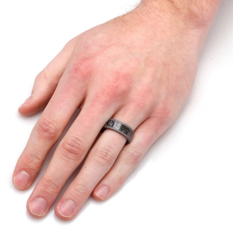 Mens Wedding Band With Antler Inlay and Sandblasted Titanium