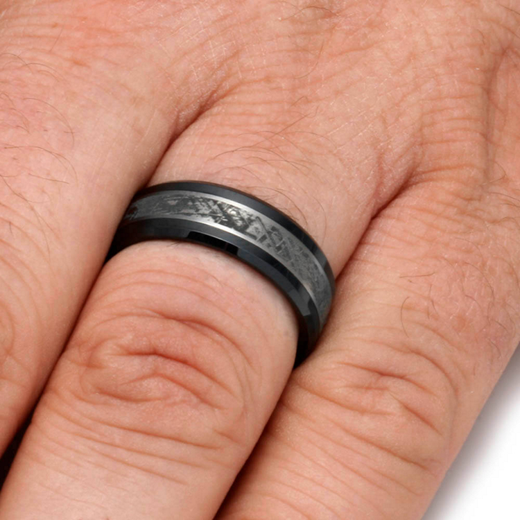 Black Ceramic Mens Ring with Meteorite Pattern