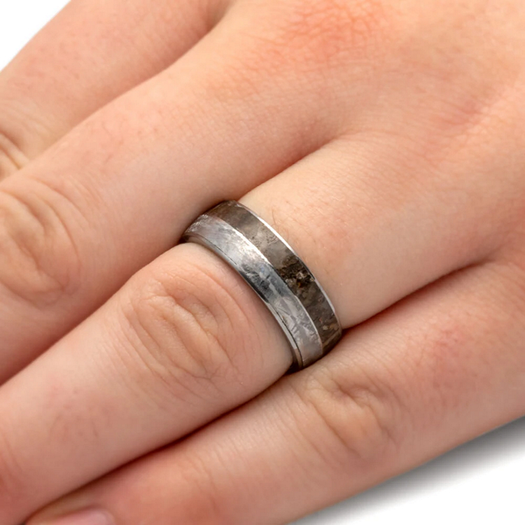 Tungsten Fossil Ring Gibeon Meteorite Wedding Band With Dinosaur Bone