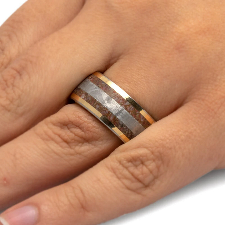 Gold Pinstripes And Whiskey Oak Sleeve Mens Ring With Meteorite