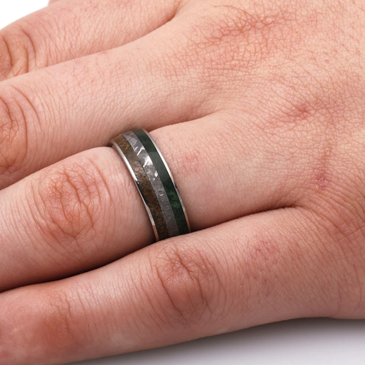 Titanium Ring With Meteorite Dinosaur Bone And Green Wood