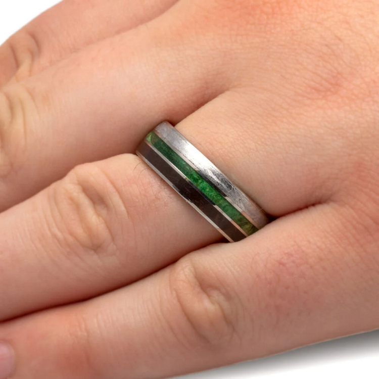 Meteorite Green Wood Dinosaur Bone Wedding Band