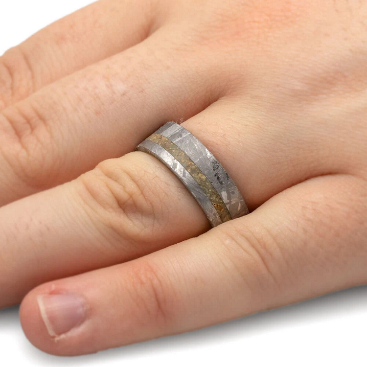 Meteorite Mens Ring With Dinosaur Bone and Titanium