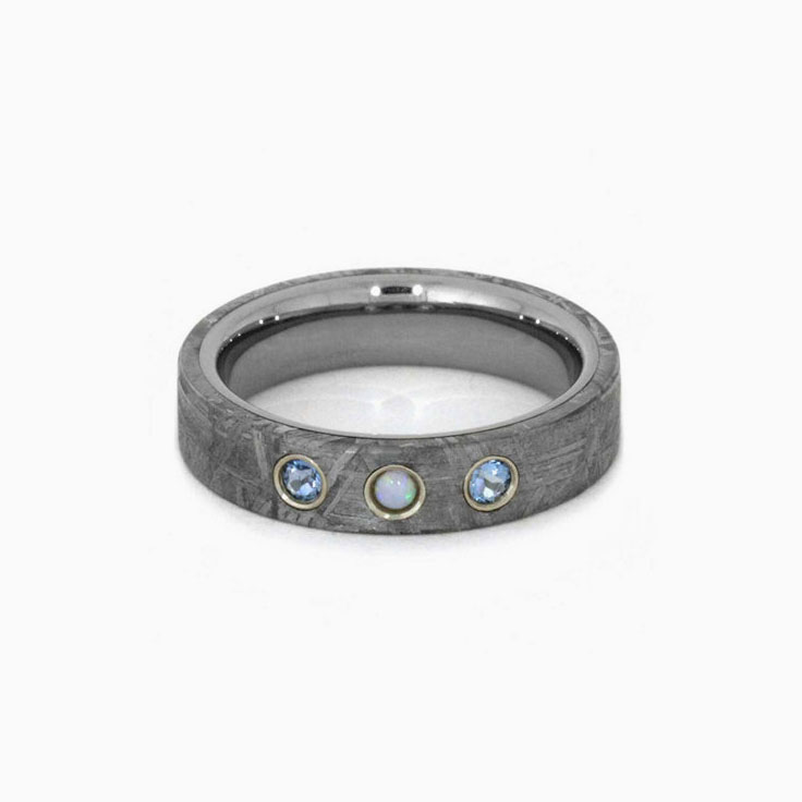 Meteorite Ring With Opal And Aquamarine Gemstones