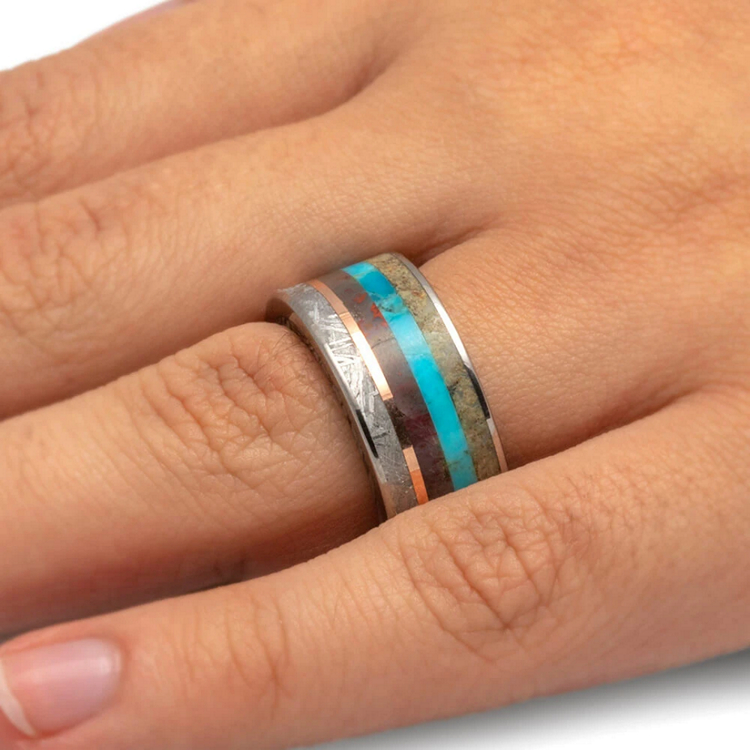 Unique Mens Ring with Meteorite Dinosaur Bone Turquoise Petrified Wood