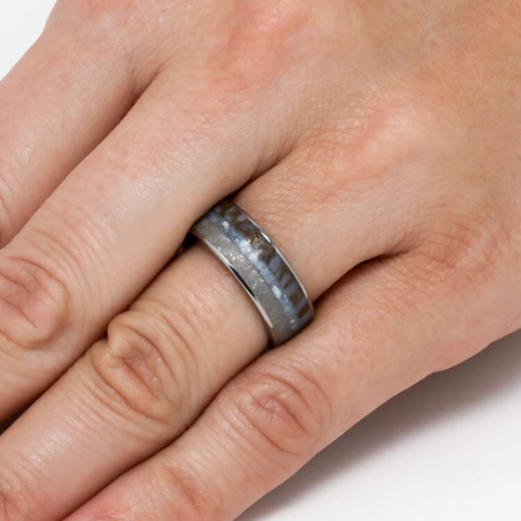 Pearl Mens Wedding Band With Dinosaur Bone Meteorite