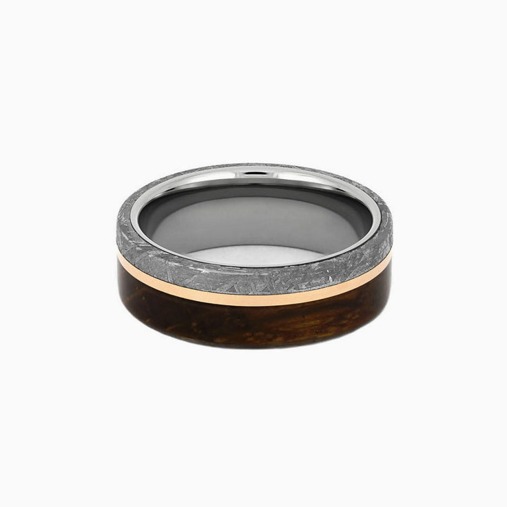 Meteorite Whiskey Barrel Wood Wedding Band with Gold Pinstripe
