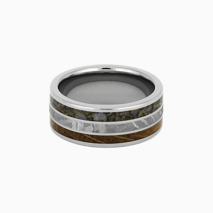 Mens Meteorite Dino Bone Whiskey Oak Wedding Ring
