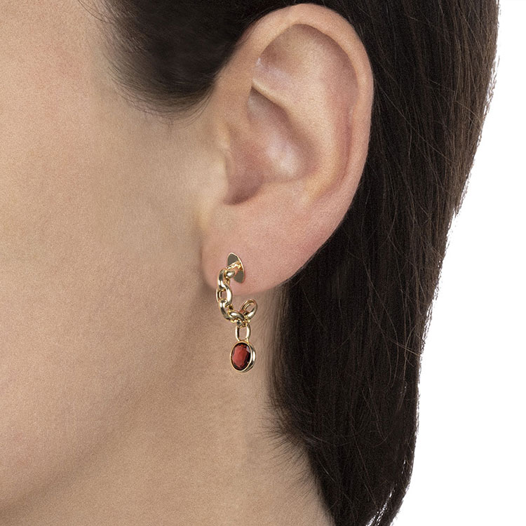 Moon Circle Earrings With Red Garnet Charm